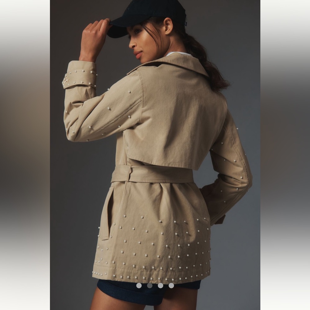 Anthropologie Beige Pearl-Embellished Trench Coat - Picture 3 of 9